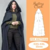 Girl with black hair and green pullover wearing a clape with hood. On the left side is a orange section with a cloak drawing and it is written Mystery cloak pdf pattern