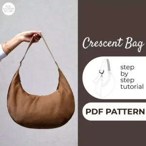 Oversized Crossbody Hobo Bag made from a sewing pattern and on the left side is a text that says cresent bag pdf pattern