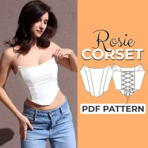 Girl wearing a strapless overbust corset. On the right side of the picture it says Corset PDF Pattern
