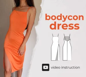 Model wearing a Slip Dress made from a sewing Pattern and on the left side is the text bodycon dress