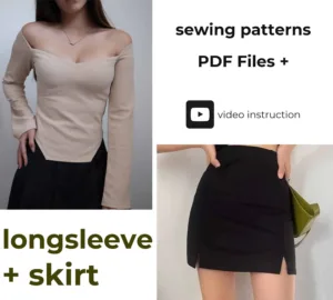 Model wearing a Off Shoulder Long Sleeve Shirt + Mini Skirt made from a Sewing Pattern Bundle