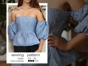 Model wearing a babydoll top made from a sewing pattern and on the image is the text bustier top sewing pattern