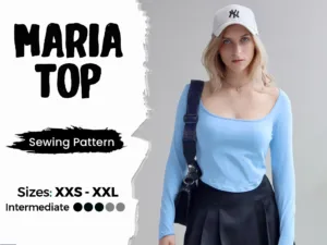 Women wearing a blue square neck top made from a sewing pattern.