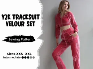 women leaning on a wall and wearing a red tracksuit with a cropped hoodie and sweatpants. There is also a text that says y2k tracksuit velour set sewing pattern