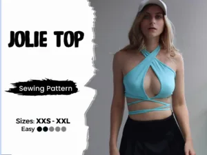 on the left side is a text that says jolie top sewing pattern and on the left side is a girl wearing a halter top / crossover top made from a sewing pattern