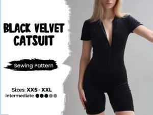 On the right side it says Black Velvet Catsuit Sewing pattern XXS - XXL and on the left side it shows a black bodycon bodysuit made from a pattern