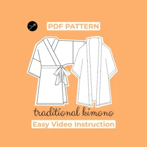 orange background with a withe drawing of a kimono robe and it´s written Traditional kimono pdf pattern easy video instruction
