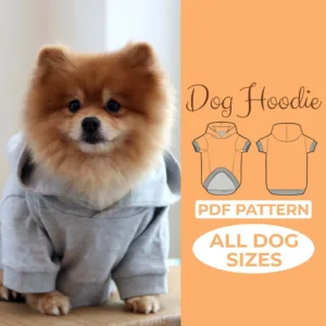 Dog wearing a dog coat made from a sewing pattern and on the left side is the text dog hoodie pdf pattern