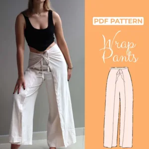 grey background with model wearing a black top and beige wrap pants and on the left side is a drawing of flare pants and it is written wrap pants pdf pattern