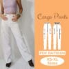 orange background with the text cargo pants sewing pattern and sizes XS - XL and model wearing white cargo pants