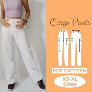 orange background with the text cargo pants sewing pattern and sizes XS - XL and model wearing white cargo pants
