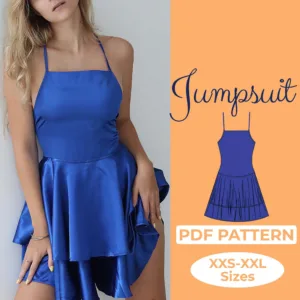 Model wearing a blue wide leg romper sewing pattern and on the left side is a drawing of a romper and the text jumpsuit pdf pattern