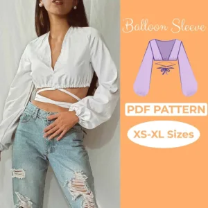 model wearing a Criss Cross Crop Top made from a sewing Pattern on the left side is the text balloon sleeve pdf pattern