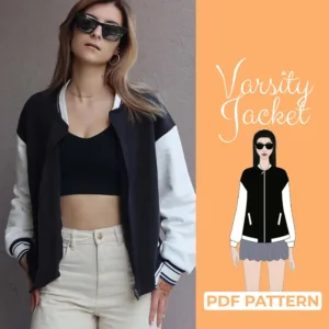 Model wearing a letterman bomber jacket made from a sewing pattern and on the left side you see the text varsity jacket pdf pattern