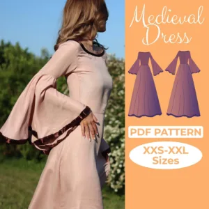 Medieval Dress PDF Sewing Pattern XXS - XXL is written on the left side and on the right it shows a flare medieval costume dress.