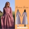Women in nature wearing a victorian dress and on the left side is a drawing of a women wearing the same dress and it is written victorian era dress sewing pattern
