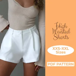 girl wearing a beige top and white pleated shorts and on the left side is the text high waisted shorts pdf pattern