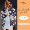 Girl wearing a quilted jacket made from a sewing pattern and on the left side is a text that says Patchwork jacket pdf pattern