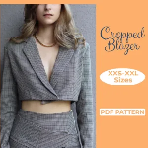 Model wearing a cropped blazer made from a sewing pattern