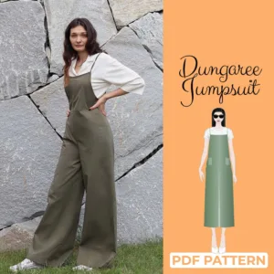 Girl wearing a wide leg jumpsuit sewing pattern in green and on the left side is the text dungaree jumpsuit pdf pattern