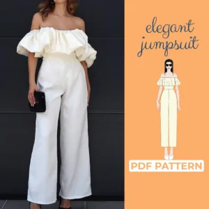 Model wearing a white off shoulder strapless jumpsuit made from a sewing pattern