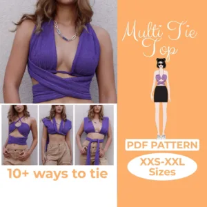 model wearing a criss cross halter top sewing pattern and on the left side is a text that says multi tie top pdf pattern