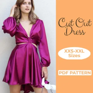 Model wearing a Puff Sleeve Mini Dress made from a Sewing Pattern and on the left side is the text cut out dress pdf pattern