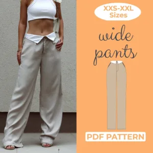 model wearing wide leg trousers and on the left side is written wide pants pdf pattern