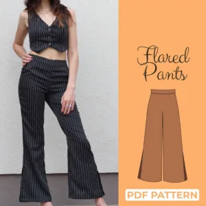 model wearing black wide leg pants and on the left side is a orange background with a drawing of flare trousers and it writes flare pants pdf pattern