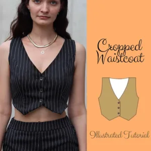 Model wearing a cropped waistcoat with pinstripe fabric, paired with matching pants, next to an illustrated tutorial image of the sewing pattern.