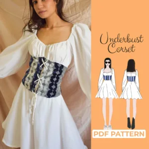 drawing of a girl from back and front wearing a blue corset belt and on the left side is a real girl wearing that corset belt. It also is written underbust corset pdf pattern