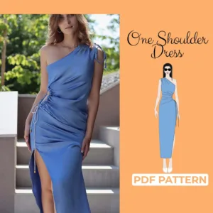 Model wearing a Bodycon Cutout Dress and on the left side is the text One Shoulder Dress PDF Sewing Pattern