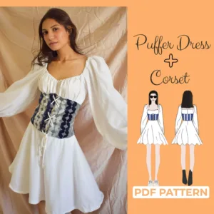 Model wearing a Puff Sleeve Dress + Underbust Corset made from a Sewing Pattern