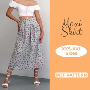 Model wearing a long Pleated Skirt made from a Sewing Pattern and on the left side it writes Maxi Skirt PDF Pattern