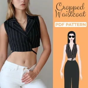 Girl wearing a wrap top. on the left side is written cropped waistcoat pdf pattern