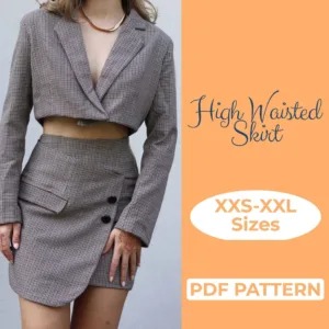 Model wearing a Mini Wrap Skirt made from a Sewing Pattern. also there is a text that says high waisted skirt pdf pattern