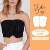 Girl wearing a tube top made from a sewing pattern. On the left side is a orange section with a drawing of this strapless top and it says PDF Pattern
