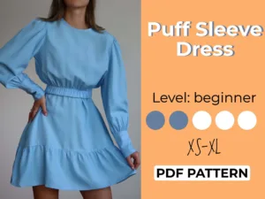 Model wearing a Smock Dress made from a Sewing Pattern. On the left side is a text that says puff sleeve dress pdf pattern