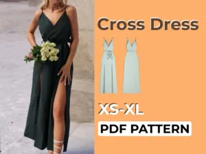 Model wearing a Prom Dress made from a Sewing Pattern and on the left side is a text that says Cross Dress