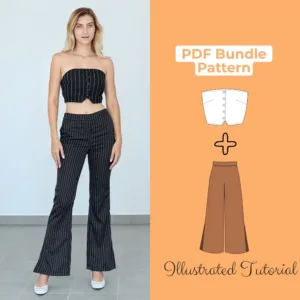 model wearing a Tube Top + Bell Bottom Pants that was created from a Sewing Pattern
