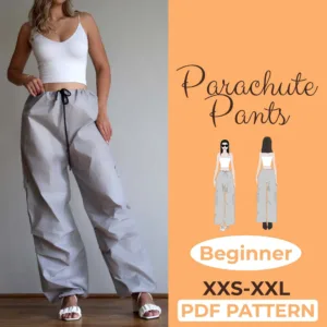 grey baggy cargo pants with a drawstring waist on a women with the text parachute pants pdf pattern