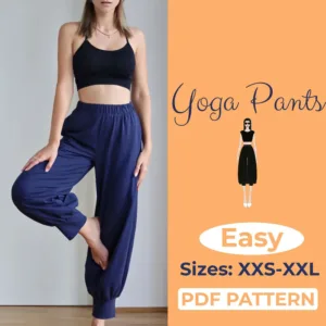 women standing on one leg and wearing blue harem pants and there is a text that writes yoga pants pdf pattern easy