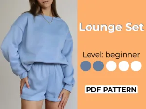 Model wearing a blue Loungewear made from a sewing pattern. It features a sweatshirt and high waisted shorts