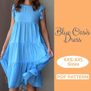Model wearing a blue Tiered Dress made from a Sewing Pattern
