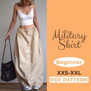 Girl wearing a beige cargo skirt and on the left side is a text that says Military Skirt PDF Pattern Beginner