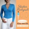 Model wearing a blue High Neck Bodysuit made from a sewing Pattern