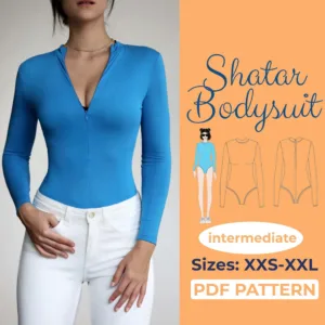 Model wearing a blue High Neck Bodysuit made from a sewing Pattern