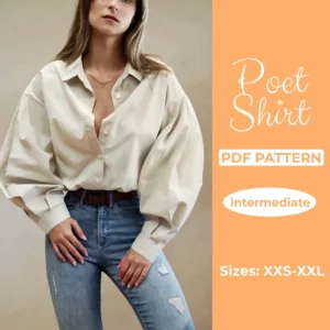 Model wearing a renaissance shirt and on the left side is the text Poet Shirt PDF Pattern