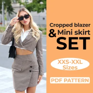 Model wearing a Cropped Blazer + Mini Wrap Skirt made from a Sewing Pattern