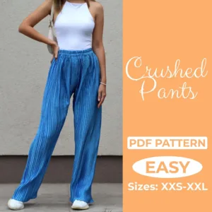 Girl wearing blue loose pants and on the left side is written easy pants pdf sewing patttern